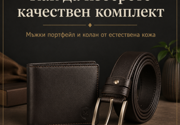 комплект мъжки колан и портфейл от естествена кожа